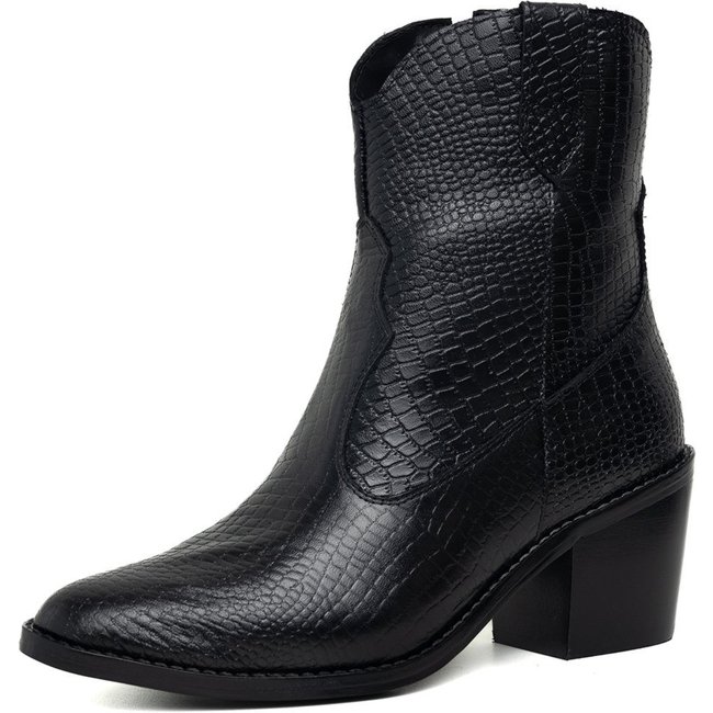Bota Western Texana Bico Fino Cano Curto Country Couro Croco Preto Tellini Store