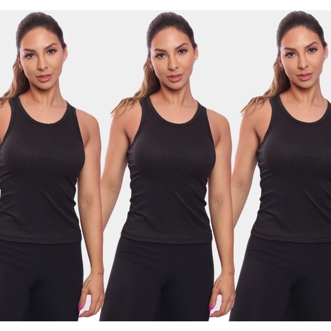 Kit 3 Regatas Nadador Canelada Feminina Lisa Blusa Blusinha Básica Preto