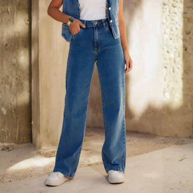 Calça Jeans Wide Leg Barra Normal Feminino Revanche Laurento