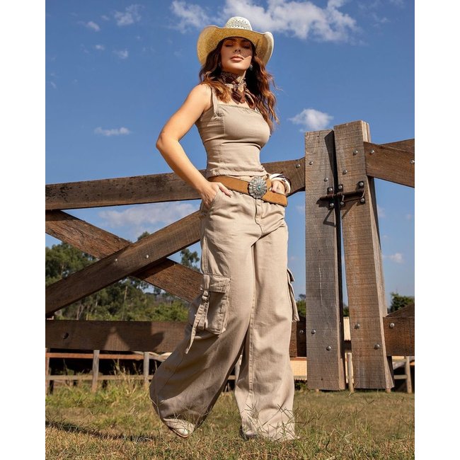 Calça Linho Wide Leg Feminina Cargo 24844 Caqui Consciência