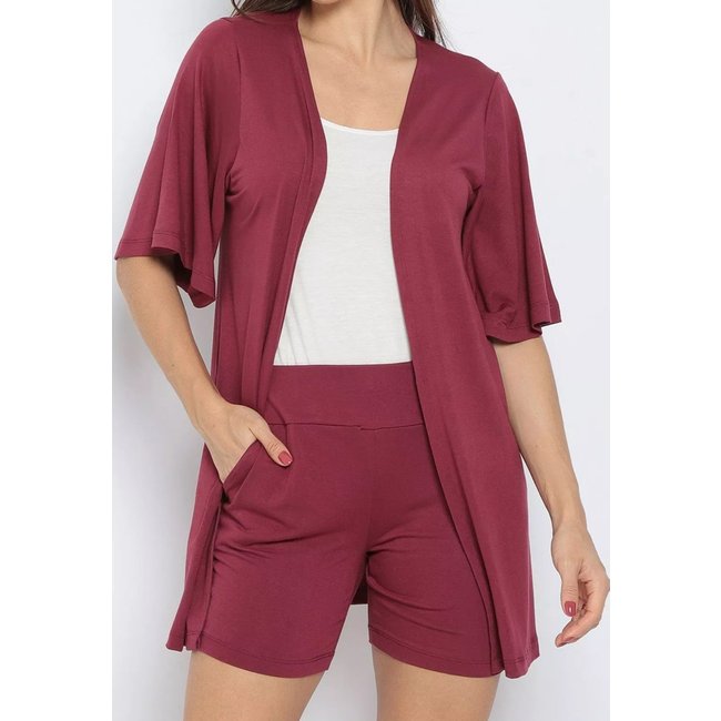 Conjunto Maria Paes Short, Kimono e Regata Vinho e Off White