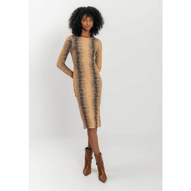 Vestido Lez a Lez Midi Estampado De Mangas Longas Em Malha Canelada