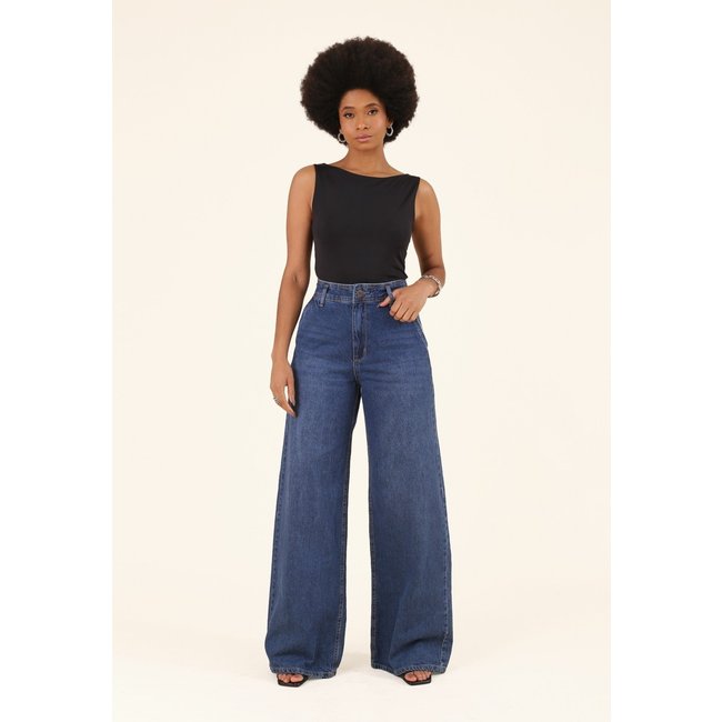 Calça Pop Me Jeans Wide Leg Bolso-Faca Azul Escuro