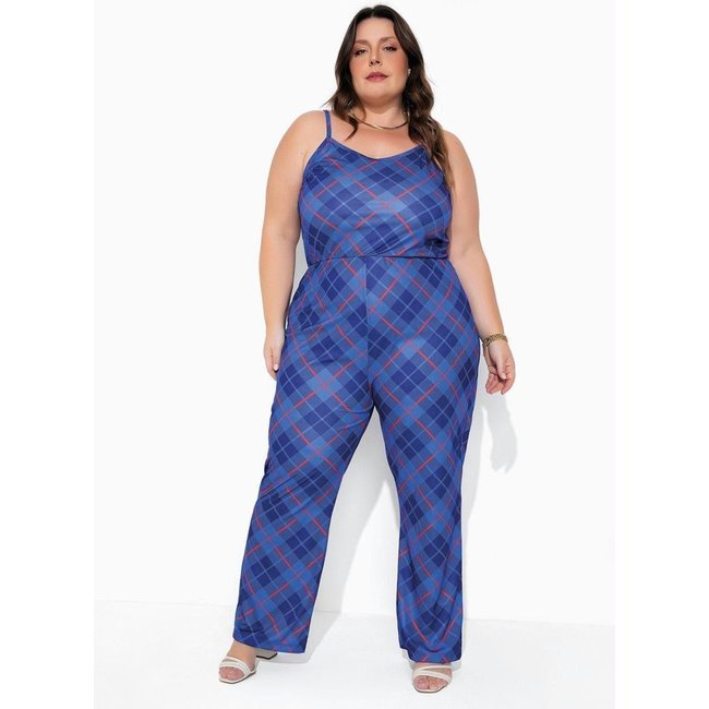 Macacão Com Alças Plus Size Xadrez Azul Marguerite