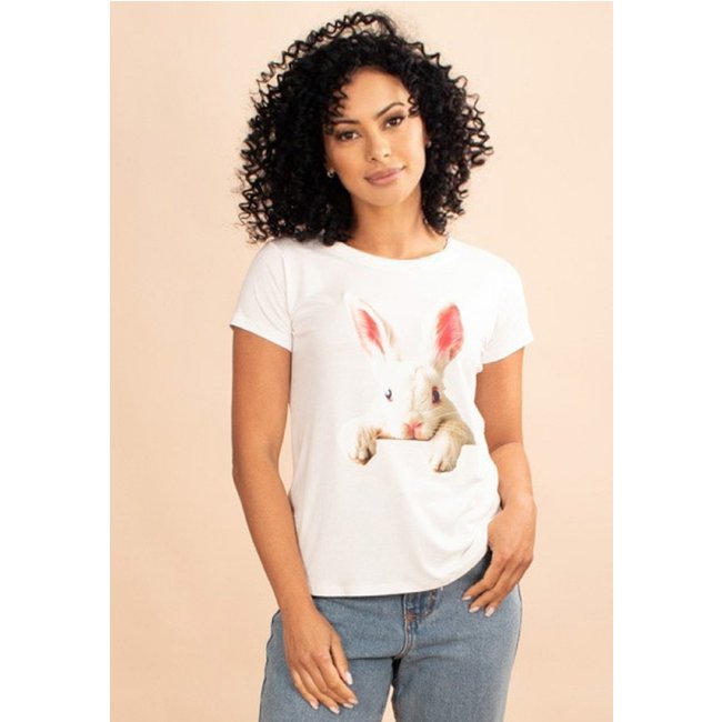 T-Shirt Baby Malha Manga Curta Corte a Fio Off White Coelho