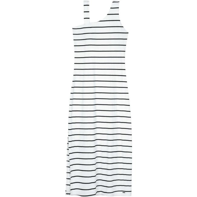 Vestido Midi Feminino Canelado Listrado Marialícia Branco