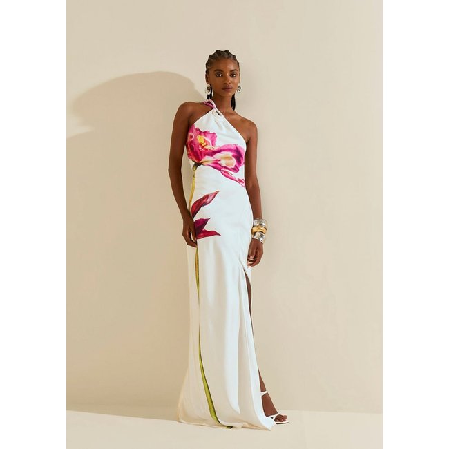 Vestido Morena Rosa Solto Um Ombro Só Sem Manga Longo Estampado