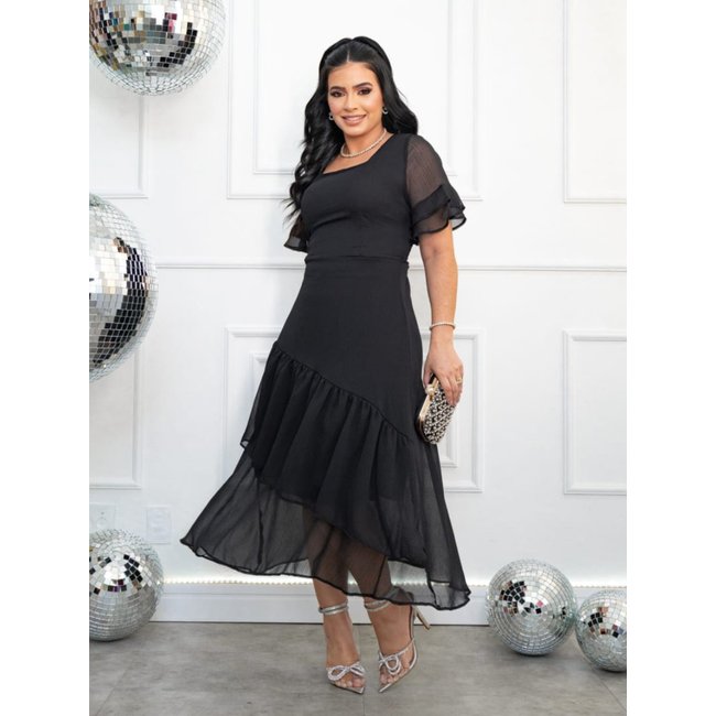 Vestido de Festa Casamento Social Midi com Babado e Elástico Verão Preto
