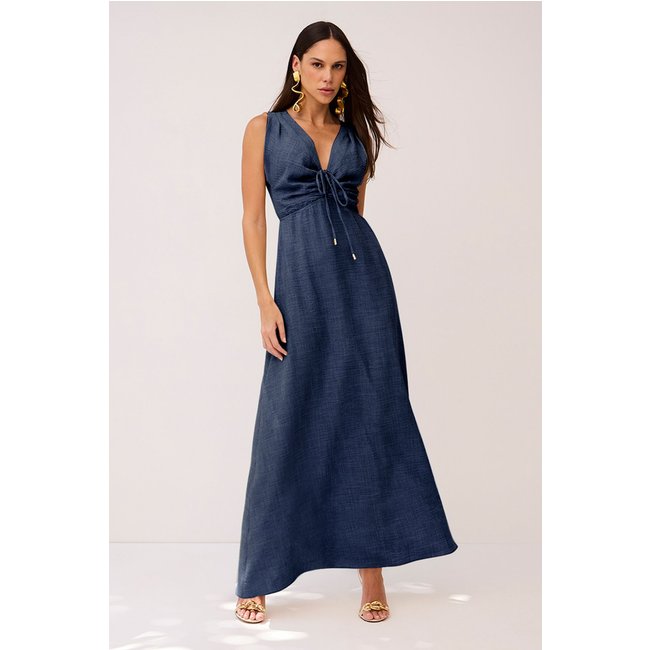 Vestido Longo Liso Decote V Gota Azul Marinho Charry