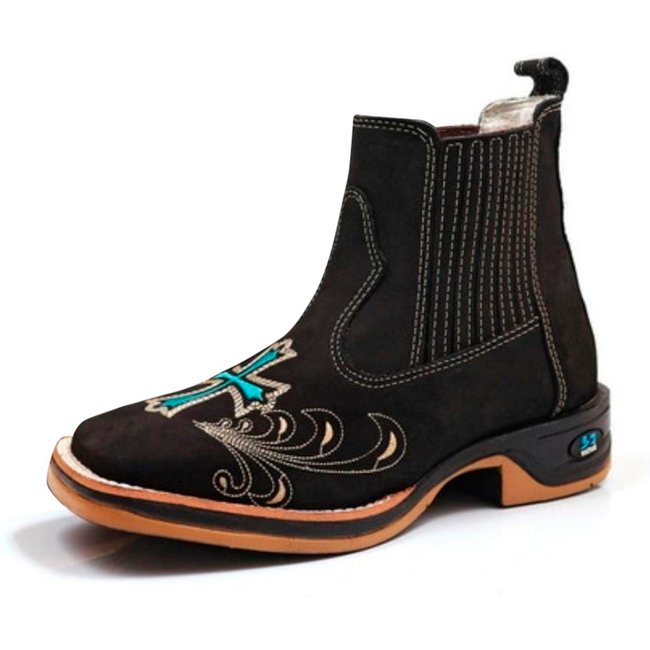 Bota Feminina RR Botas Texana Country Couro Bordado Cruz Bico Quadrado Confortável