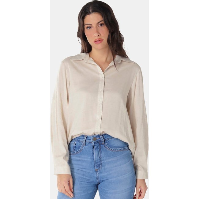 Camisa Feminina Areia Viscose com Linho Sob Bege