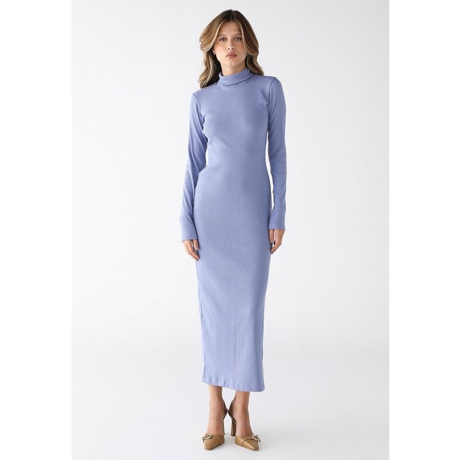 Vestido Longo Levosch Gola Alta Fenda Lateral Ribana Premium Azul Serenity