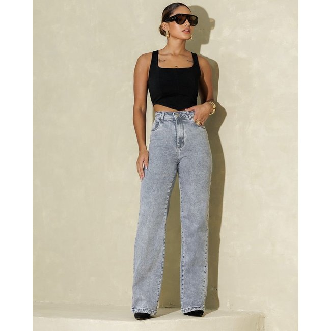 Calça Jeans Wide Leg Feminina Cintura Alta Básica com Elastano 28000 Cinza Consciência