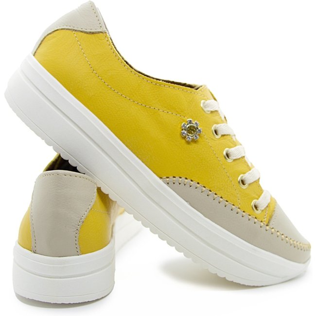 Tênis Sapatênis Paola Ferrara - COURO - TODO FORRADO SOLA ALTA - cod807 - Amarelo com Bege