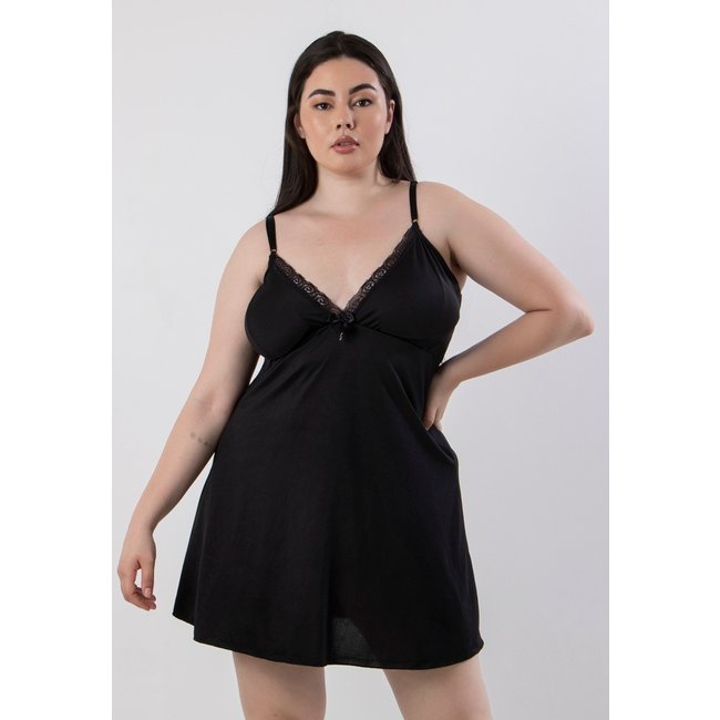 Camisola Plus Size Liganete Lisa Detalhe em Renda Preto