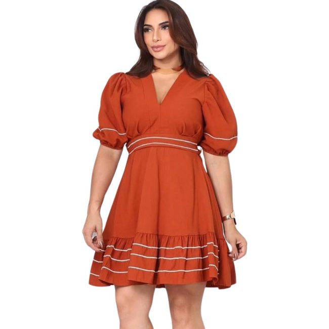 Vestido Summer body Feminino Curto com Babado & Manga Bufante Terracota
