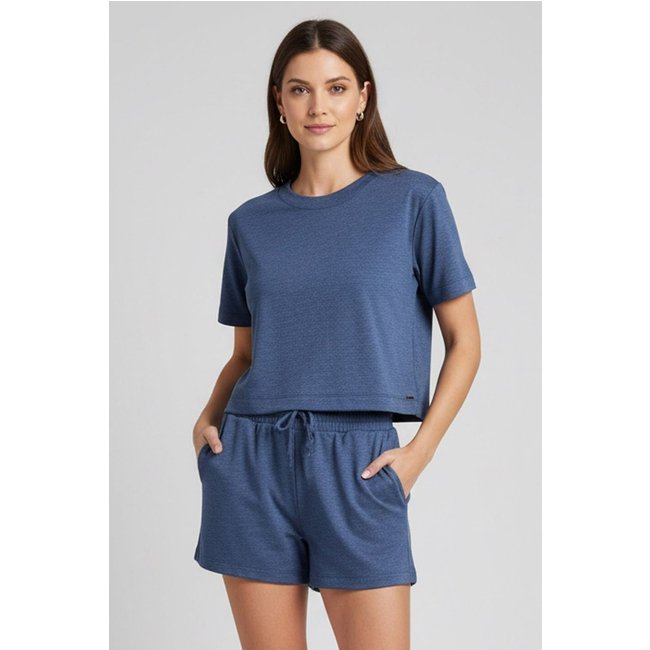 Conjunto Curto Feminino Malha Dublada Marialícia Azul Escuro