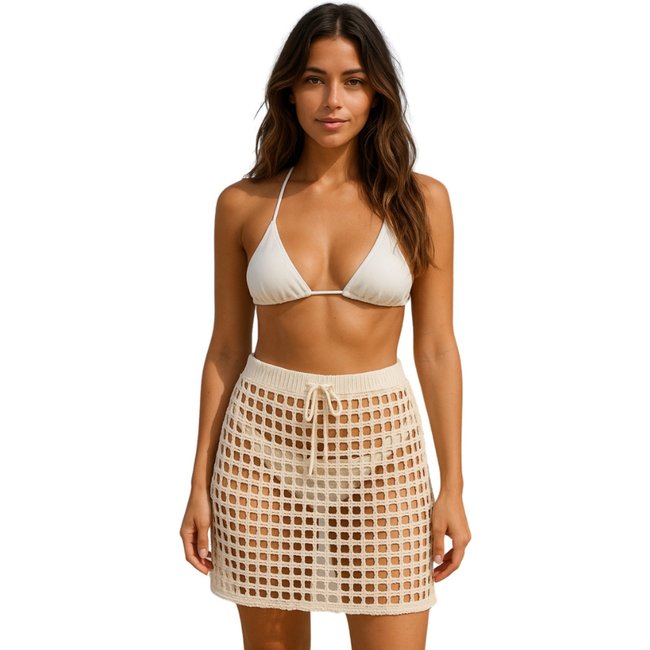 Saída de Praia Tricot Reflexo Íntimo Saia Tricotada Com Regulagem Curta Moda Verão Off White