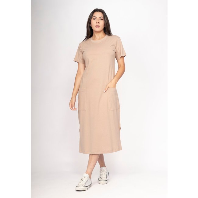 Vestido CabanaFree Midi Algodão Manga Curta 02 Bolsos Areia Serena