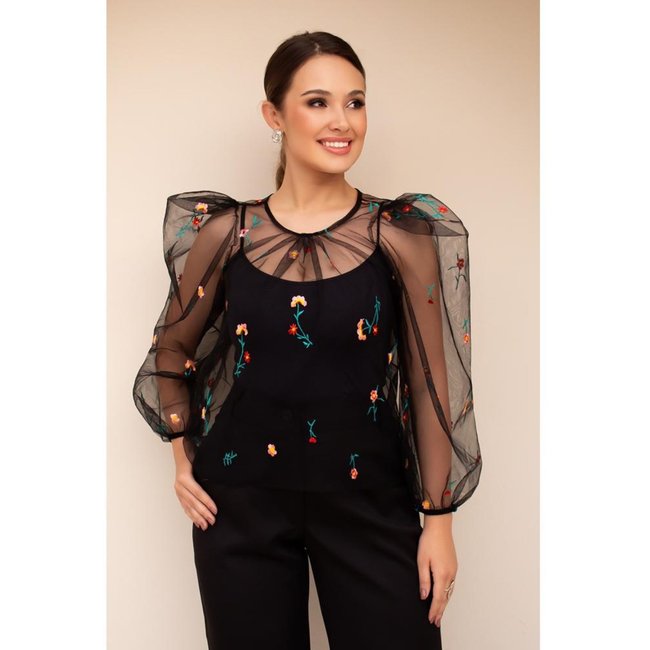 Blusa Feminina De Tule Transparente Estampada Floral