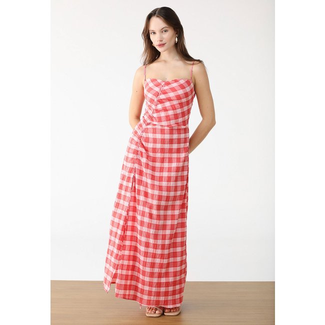 Vestido FARM Longo Xadrez Trancoso Vermelho