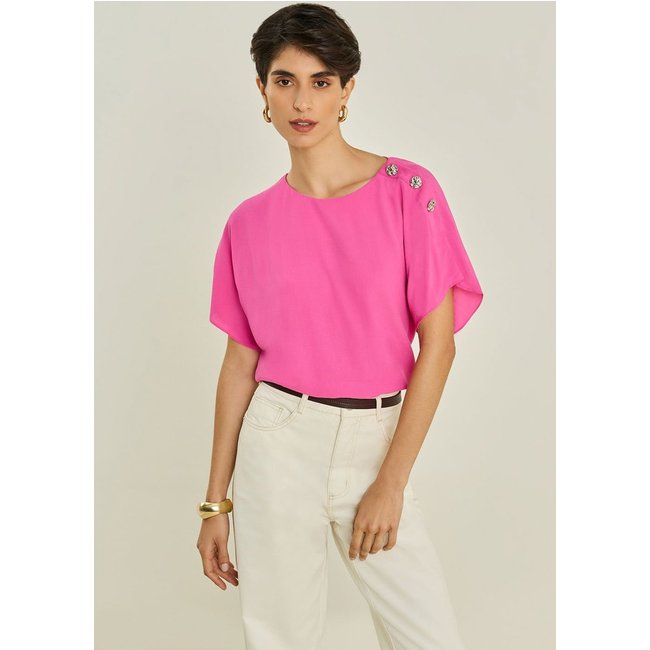 Blusa Maria Valentina Solta Decote Canoa Manga Curta Padrão Rosa