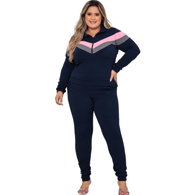 Conjunto Summer Body Plus Size Quentinho Blusa Frio Calça Malha Crepe azul marinho