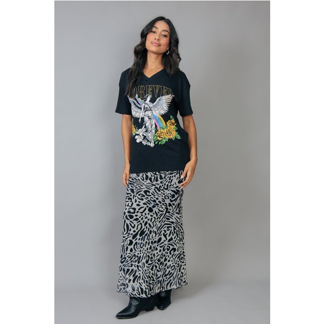 Saia Longa Cintura Média De Tule Animal Print Preto E Branco marinaegabriella