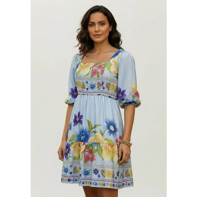 Vestido CabanaFree Curto Manga 3/4 Estampa Jardim Azul