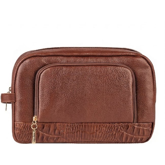 Necessaire de couro liso Manuela 18x28x10cm - Whisky