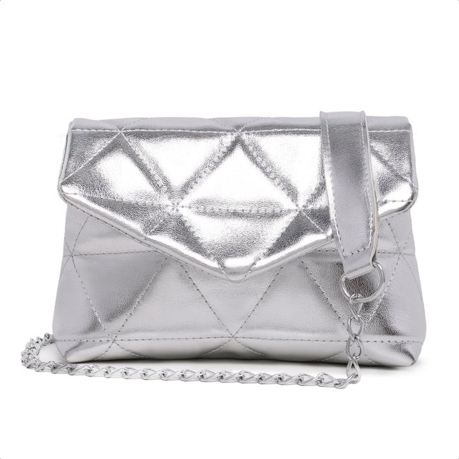 Bolsa Feminina Pequena Clutch Prata Metalizada Alça Corrente Brilho Carmelo Shoes