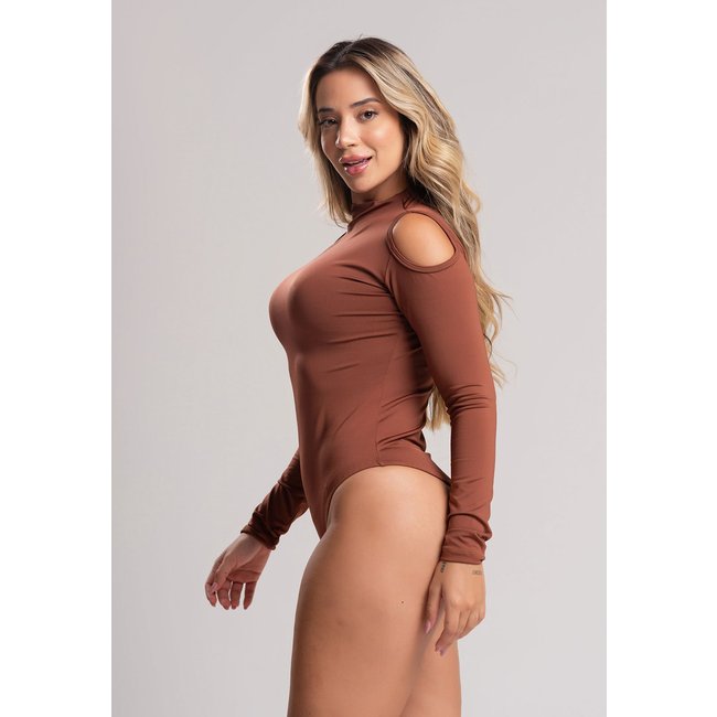 Body MVB Modas Manga Longa Gola Alta Ombro Aberto Marrom