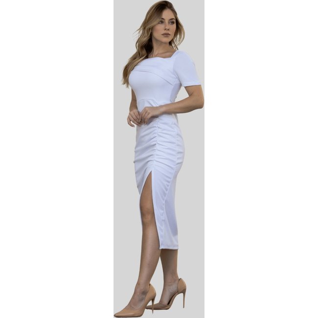 Vestido Miss e Misses Elisangela Ombro a Ombro Franzido C/Ziper Branco