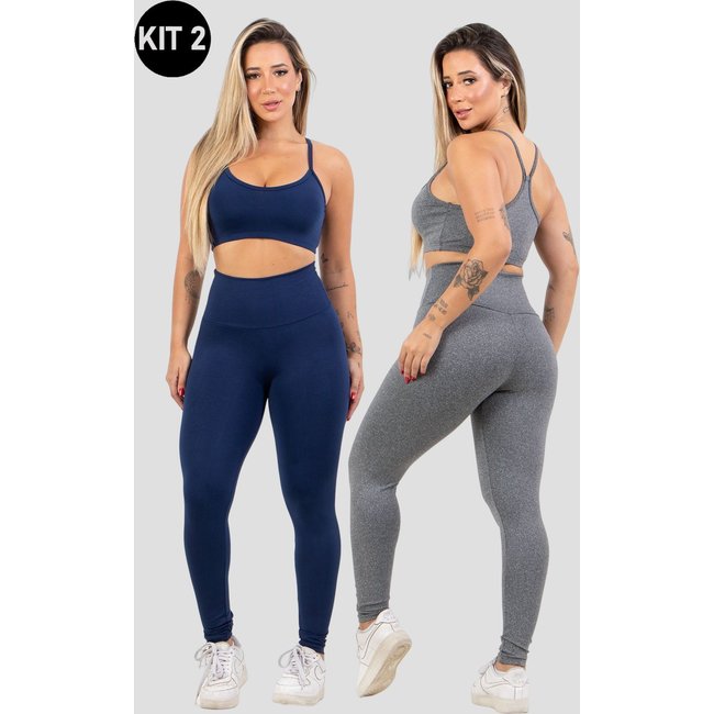 Kit 2 Conjuntos Feminino Fitness Top alça fina e Calça Legging Lisa Treino Academia 4 Estações Azul Marinho/Cinza