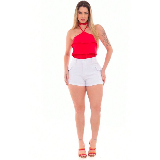 Shorts Cargo Feminino Cintura Alta Sarja Branco Modelo Moda Verão