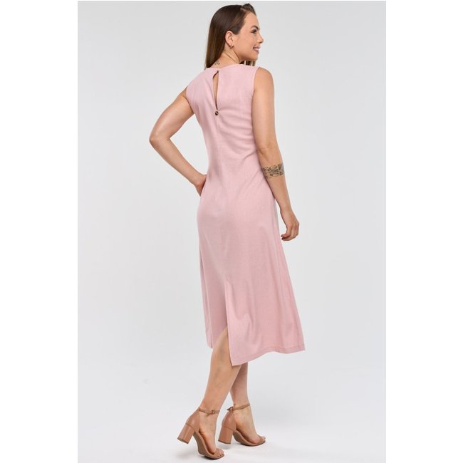 Vestido Midi PKS Com Bolsos Linho Rosê