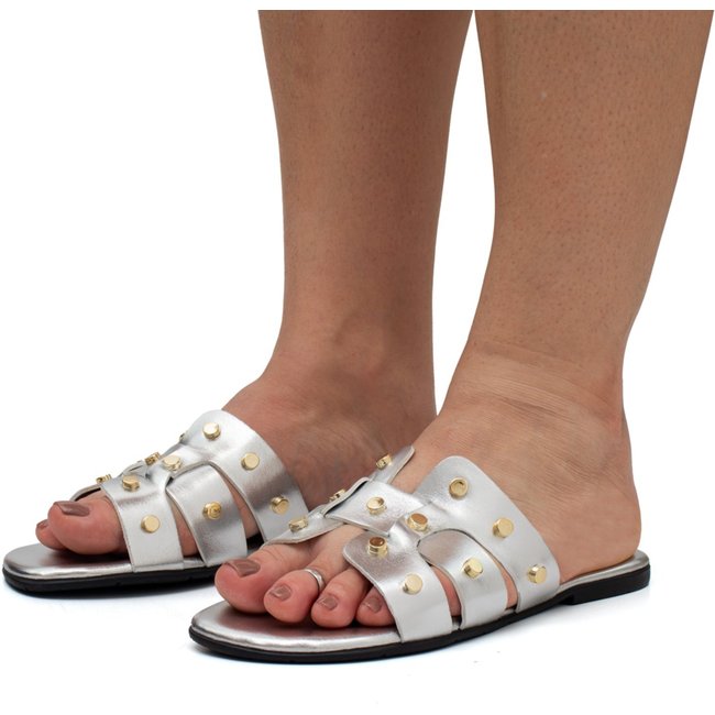 Sandália Feminina Rasteira Flatform Enfeite Metal Brilho Metalizado Prata