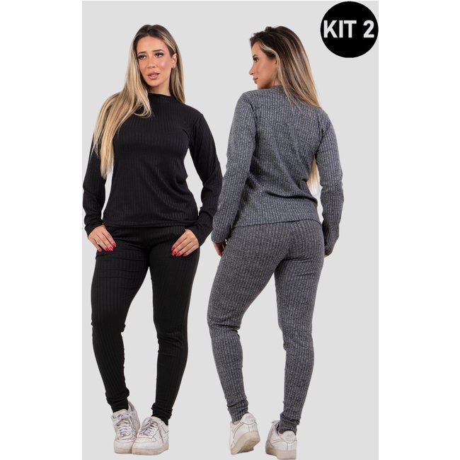 Kit 2 Conjuntos Canelado 4 Estações Manga Longa Blusa Canelada Calça Jogger Cintura Alta Liso Preto/Cinza