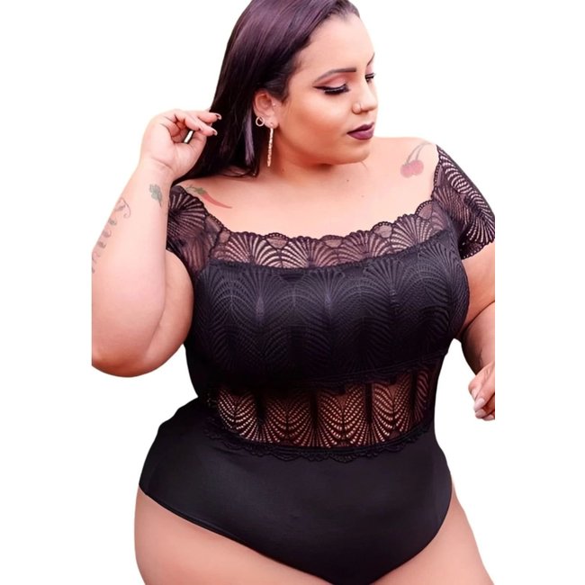 Body Summer Body ciganinha ombro a ombro rendado floral Preto plus size Preto
