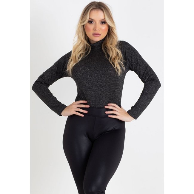 Body De Lurex Preto Com Brilho Prata Manga Longa Toda Casual