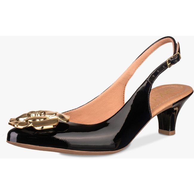 Scarpin Slingback Feminino Takata Salto Baixo Fino Sapato Boneca Mary Jane Flor Preto Verniz