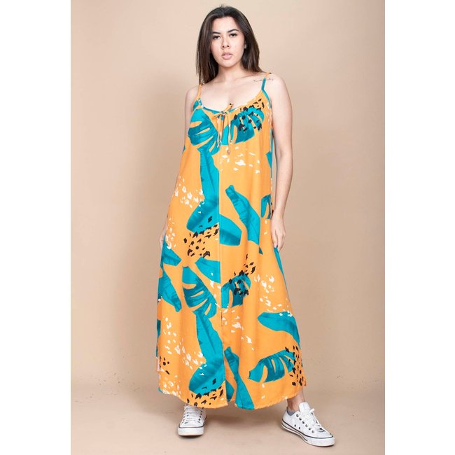 Vestido Longo Cabanafree Caçuá Viscose Alça Fina Estampa Aurora Botânica