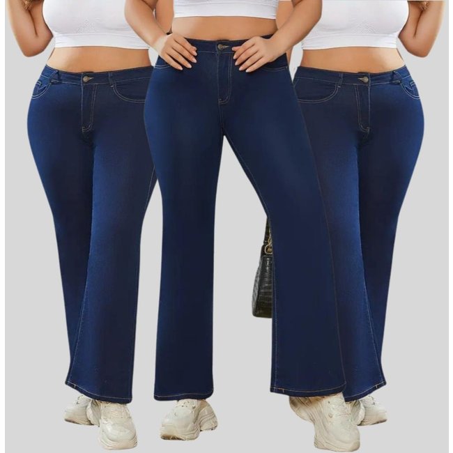 Kit 3 Calça Flare Plus Size Jeans Feminina Tex JEans Boca de Sino Cintura Alta Modeladora com Elastano Azul Escuro