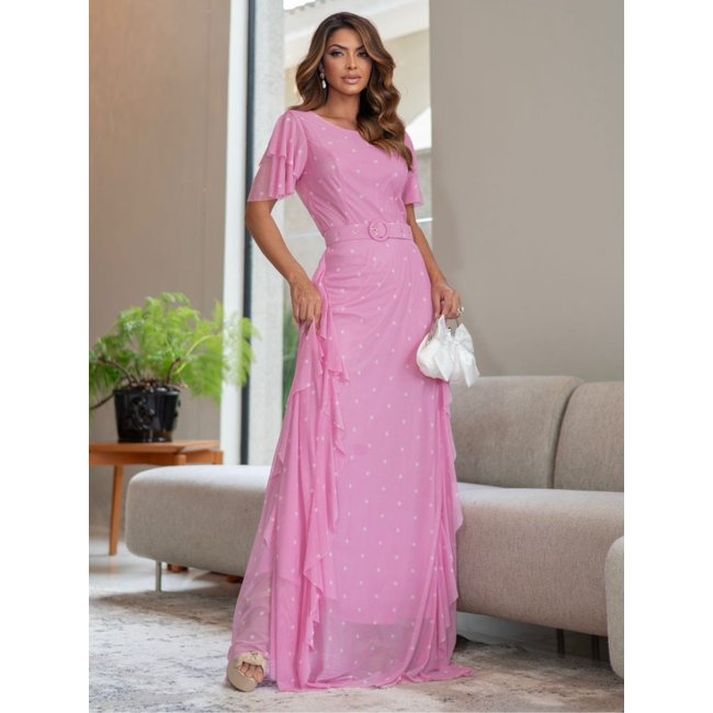 Vestido Longo Elegante de Festa Casamento Formatura Manga Curta com Babado Cinto Rosa
