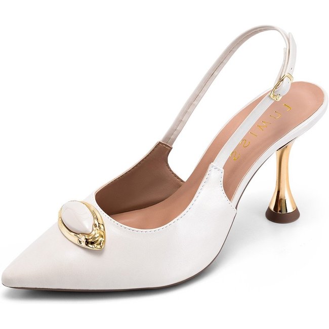 Scarpin Feminino Lumiss Salto Alto Fino Metalizado Bico Fino Enfeite Pedra Off White