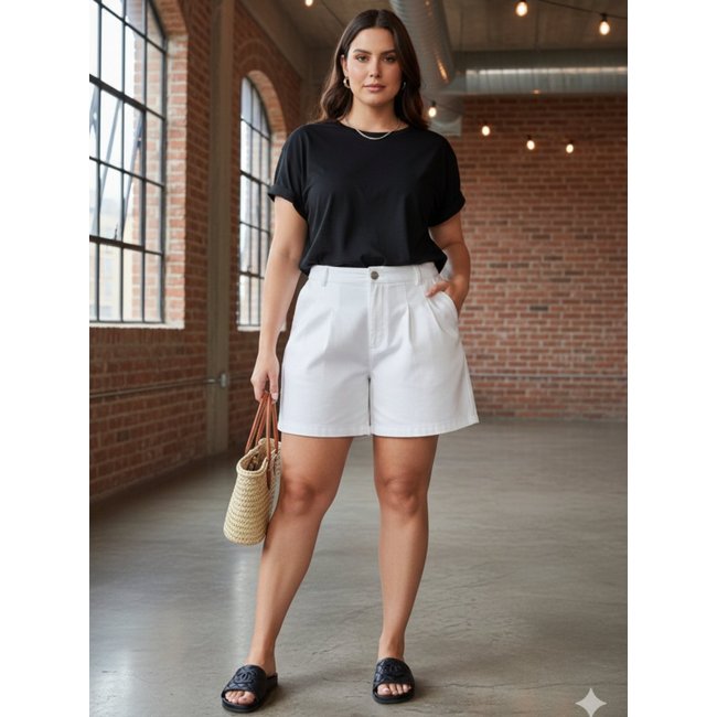 Shorts Plus Size Meia Coxa Sarja Baggy Bolso-Faca Algodão Feminino Branco