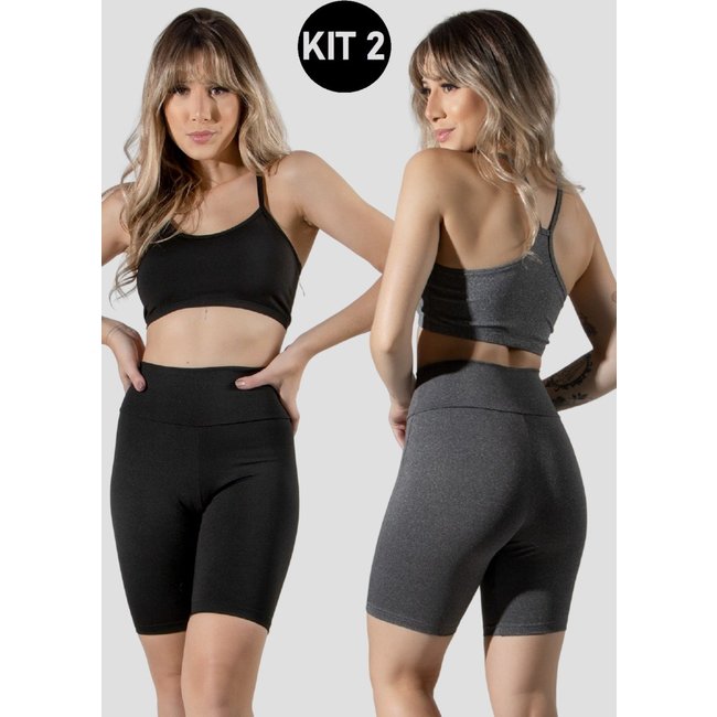 Kit 2 Conjuntos Feminino Fitness Top alça fina e Bermudinha Suplex Lisa Treino Academia 4 Estações Preto/Cinza