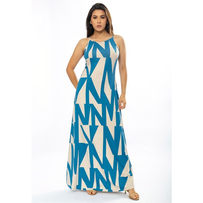 Vestido Longo Amazônia Vital Malha Trapézio Estampa Geometric Blue