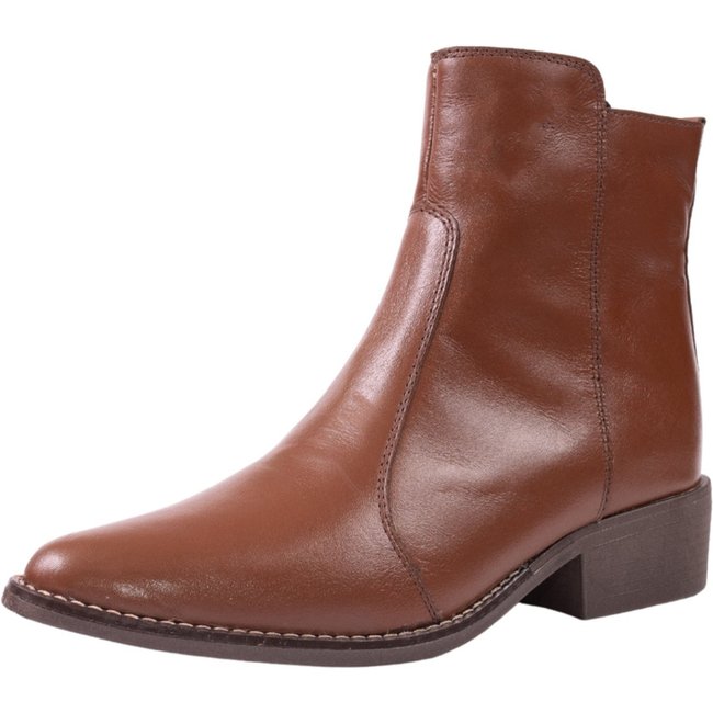 Bota em Couro Legitimo Feminina Cano Baixo Bico Fino Conhaque Tellini Store
