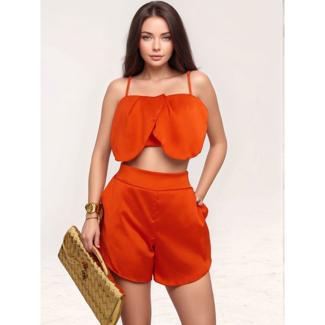 Conjunto Divina Gata Cropped Shorts Cetim Laranja